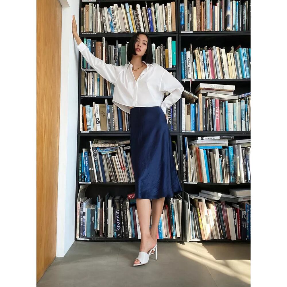Babaton Navy Satin Midi Skirt